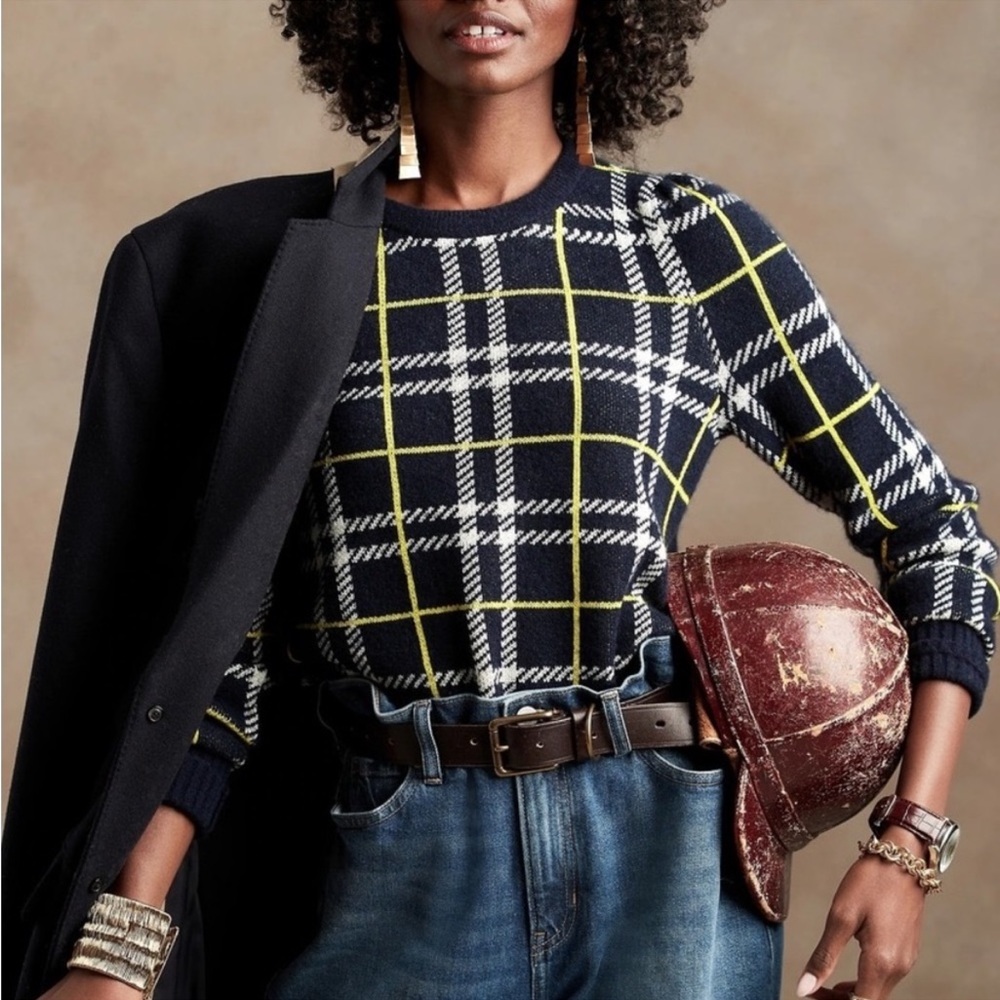 NWT Banana Republic Aire Puff-Sleeve Sweater, Navy & Chartreuse Plaid, Medium